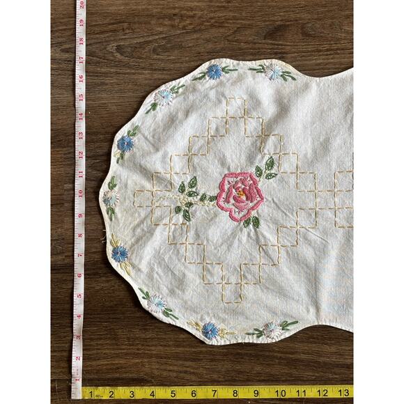 Antique Rainbow Floral Embroidery Table Runner 16" x 39" White Cotton AS IS - Picture 2 of 14